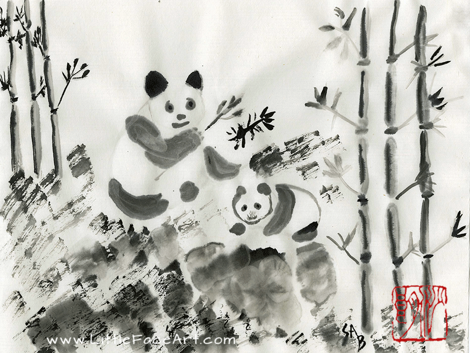 Two Playful Pandas (Chinese Brush Painting Style with Ink Only on 8.5" by 11" Rice Paper)
